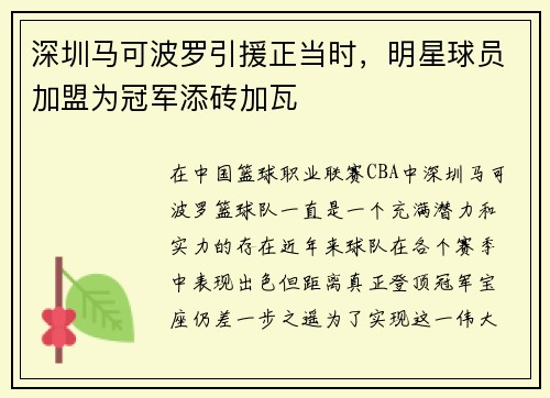 深圳马可波罗引援正当时，明星球员加盟为冠军添砖加瓦